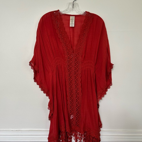 Tops - Red Lace Trim Poncho